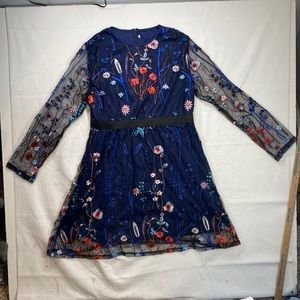 Shein Long Sleeve Knee Length Navy Blue Embroidered Floral Dress Womens Size XXL